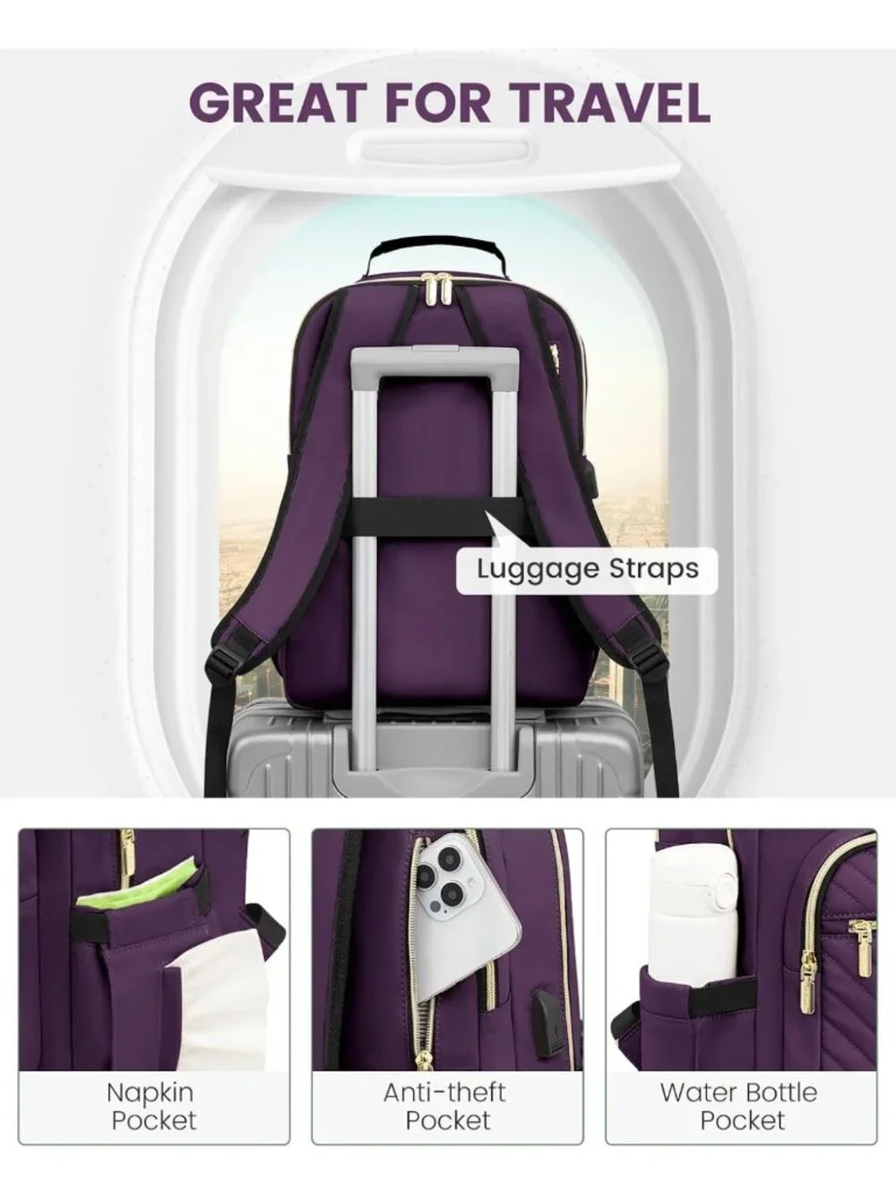 Stylish Quilted Laptop Backpack Purse for Women, Travel & School Bag with USB